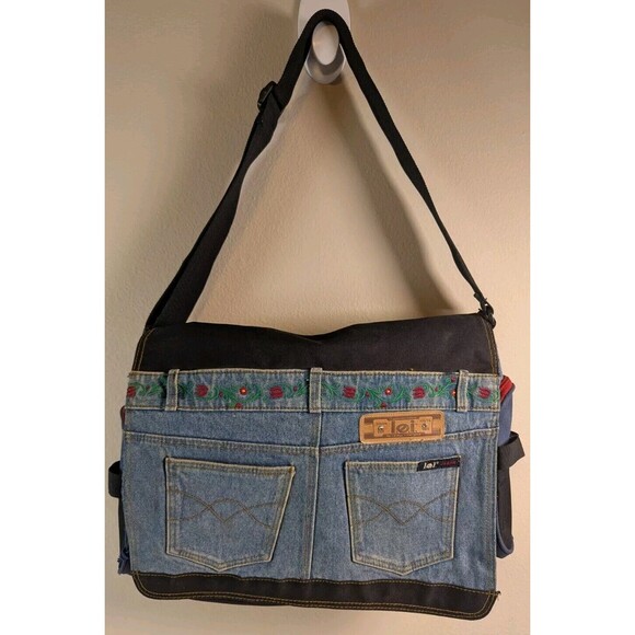 LEI Jean Y2k Large Denim Blue Jean Crossbody Messenger Bag Purse Stitched Flower - Picture 1 of 11